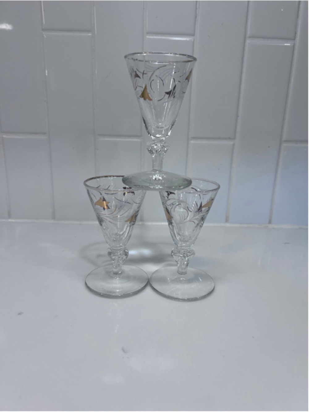 Vintage Libbey Royal Fern Gold Rimmed Cordial Stemmed Glasses Set of 3